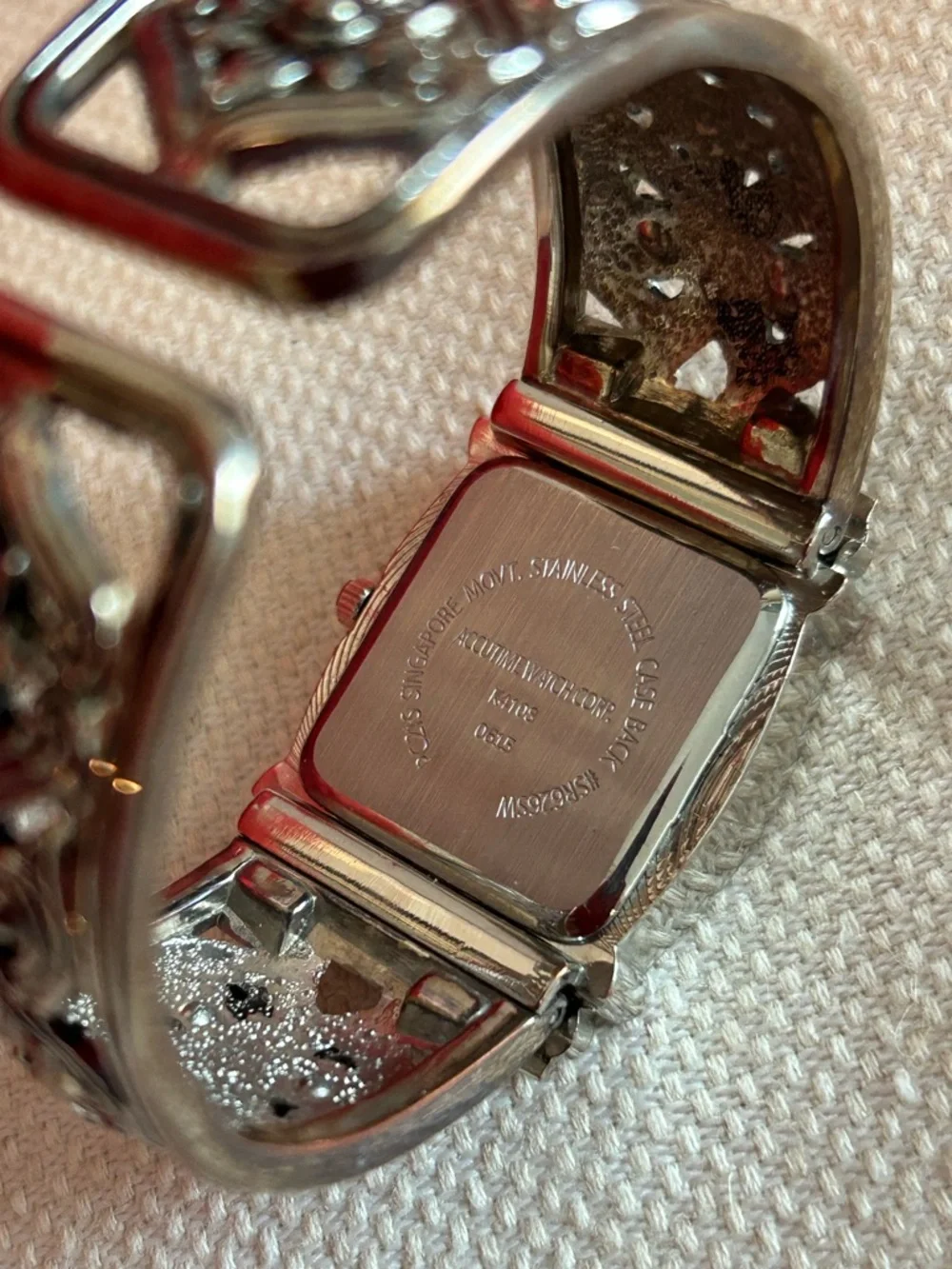 Silver tone cuff bracelet watch 5 rhinestones each side New battery EUC